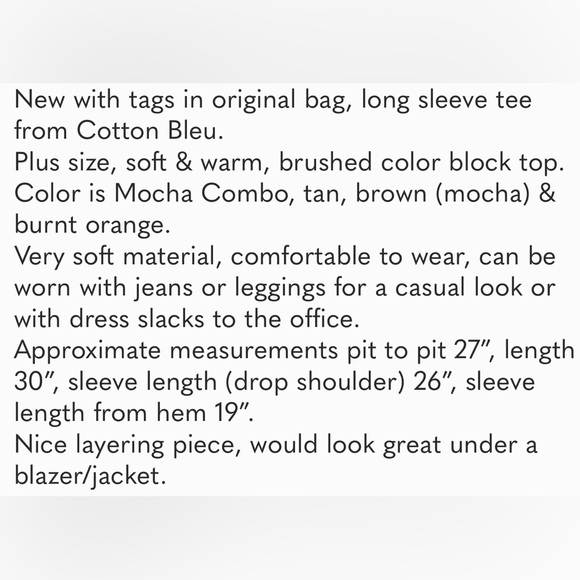 Beautiful long sleeve NWT Cotton Bleu tee, color is Mocha Combo, size 2X - Picture 16 of 16